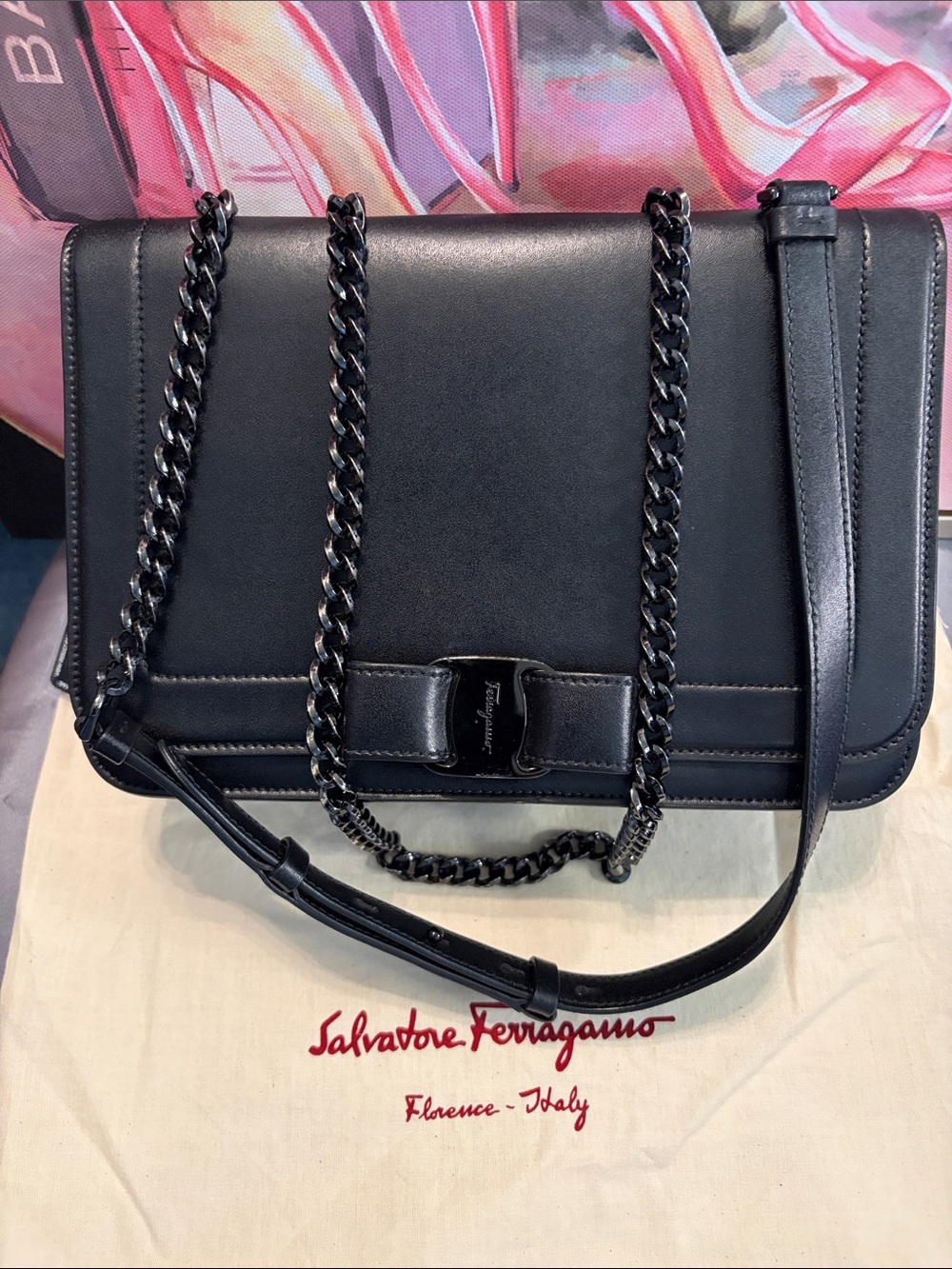 Salvatore Ferragamo Vara Black Leather Chain-Handle Crossbody Bag